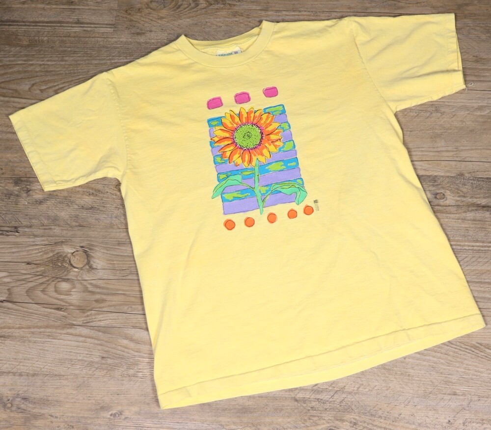 VTG 90s Fresh Produce Sunflower T Shirt Size L Yellow Graphic Made In USA Single